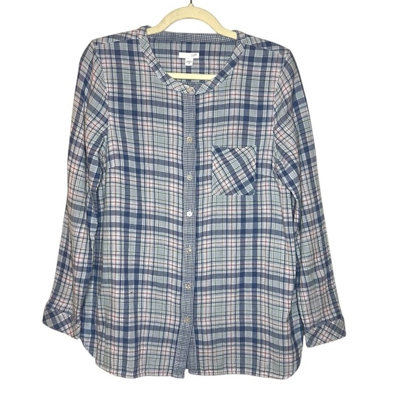 J.Jill 100% Cotton Gauzy Plaid Button Down Shirt Seaport Blue Size Medium - Picture 6 of 10